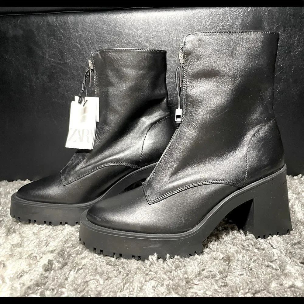 NWT Zara Zippered Leather Heeled Ankle Boots - Picture 4 of 10